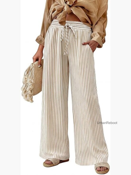 Pants - High Waisted Striped Wide Leg Palazzo Pants with Pockets